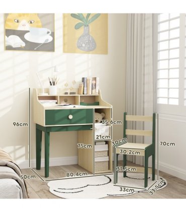AIYAPLAY Kids Desk and Chair Set with Storage Shelves, Drawer, Green