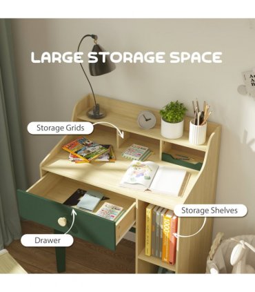 AIYAPLAY Kids Desk and Chair Set with Storage Shelves, Drawer, Green
