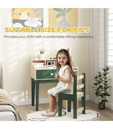 AIYAPLAY Kids Desk and Chair Set with Storage Shelves, Drawer, Green