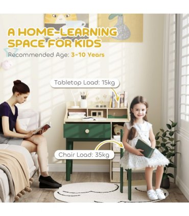 AIYAPLAY Kids Desk and Chair Set with Storage Shelves, Drawer, Green