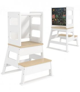 AIYAPLAY 2 in 1 Toddler Tower w/ Chalkboard, Safety Rail, for Kitchen, Sink