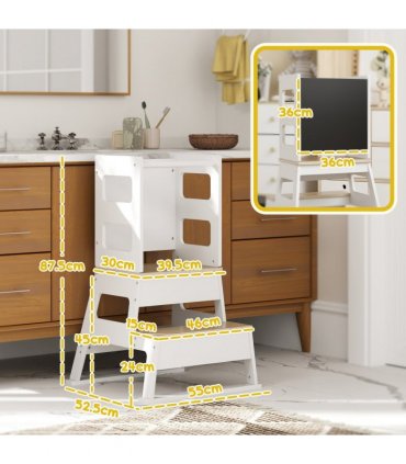 AIYAPLAY 2 in 1 Toddler Tower w/ Chalkboard, Safety Rail, for Kitchen, Sink