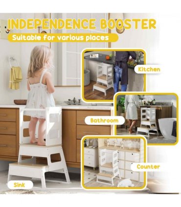 AIYAPLAY 2 in 1 Toddler Tower w/ Chalkboard, Safety Rail, for Kitchen, Sink