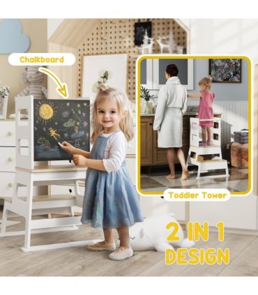 AIYAPLAY 2 in 1 Toddler Tower w/ Chalkboard, Safety Rail, for Kitchen, Sink