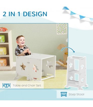 AIYAPLAY 2 in 1 Toddler Step Stool with Safety Rail for Kitchen, White