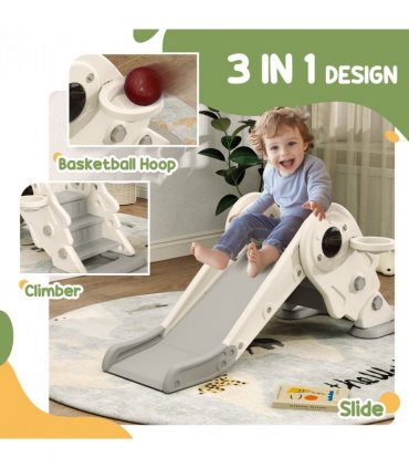 AIYAPLAY 3 in1 Kids Slide with Basketball Hoop, Climber, Cream White