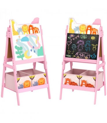 AIYAPLAY 2 in 1 Kids Easel with Whiteboard, Chalkboard, Storage Boxes, Pink