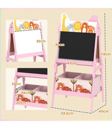AIYAPLAY 2 in 1 Kids Easel with Whiteboard, Chalkboard, Storage Boxes, Pink