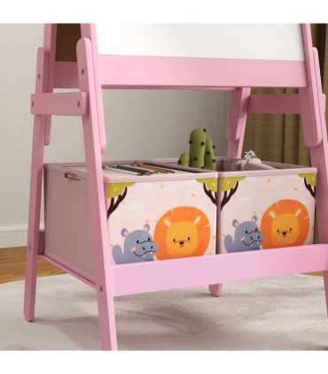 AIYAPLAY 2 in 1 Kids Easel with Whiteboard, Chalkboard, Storage Boxes, Pink