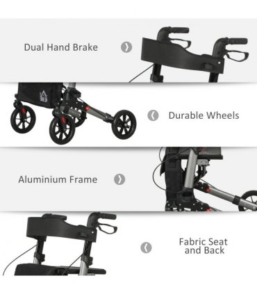 HOMCOM 4 Wheel Rollator Walker,  Adjustable Mobility Walker with Bag, Silver