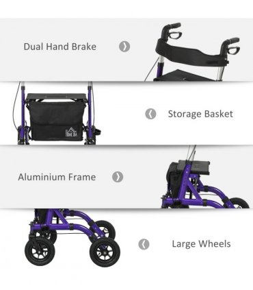 HOMCOM Rollator Walker with Seat, Backrest, Bag, All-terrain Wheels