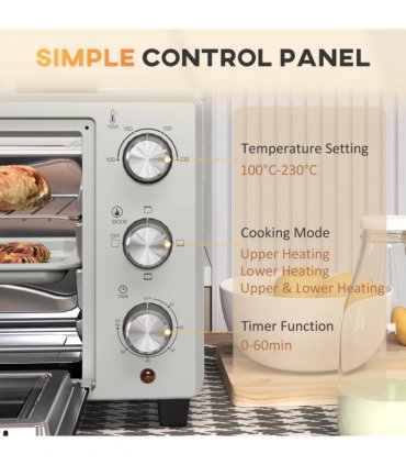 HOMCOM Mini Oven 21L Electric Grill w/ Adjustable Temp 1400W, Silver Tone