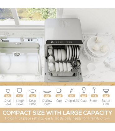 HOMCOM Worktop Dishwasher w/ 4 Place Settings 6 Programs, Silver Tone