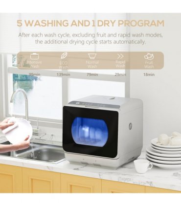 HOMCOM Worktop Dishwasher w/ 4 Place Settings 6 Programs, Silver Tone