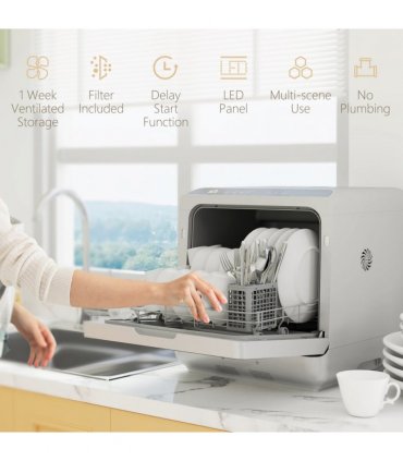 HOMCOM Worktop Dishwasher w/ 4 Place Settings 6 Programs, Silver Tone