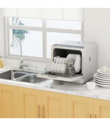 HOMCOM Worktop Dishwasher w/ 4 Place Settings 6 Programs, Silver Tone