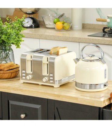 HOMCOM 1.7L 3000W Fast Boil Electric Kettle and 4 Slice Toaster Set, Cream