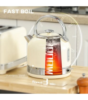 HOMCOM 1.7L 3000W Fast Boil Electric Kettle and 4 Slice Toaster Set, Cream