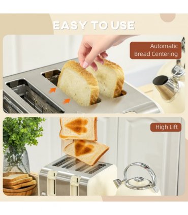 HOMCOM 1.7L 3000W Fast Boil Electric Kettle and 4 Slice Toaster Set, Cream