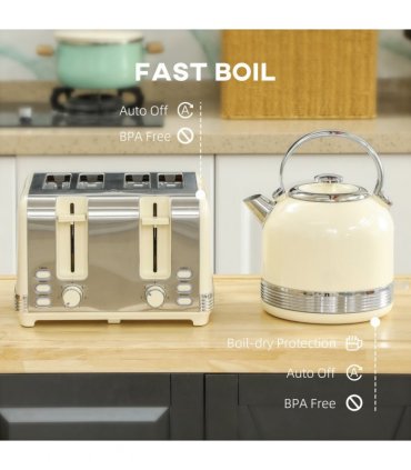 HOMCOM 1.7L 3000W Fast Boil Electric Kettle and 4 Slice Toaster Set, Cream
