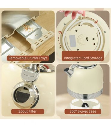 HOMCOM 1.7L 3000W Fast Boil Electric Kettle and 4 Slice Toaster Set, Cream