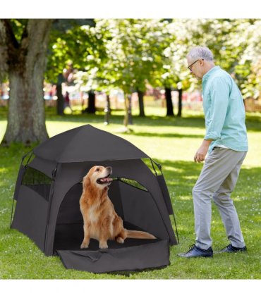 PawHut Foldable Dog Cat Tent with Waterproof Oxford Cloth, Carry Bag, Grey