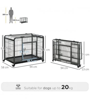 PawHut 69.5x94cm Metal Dog Cage Kennel w/ Locking Door & Wheels Medium Pets