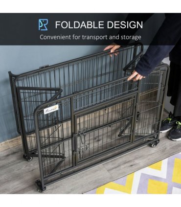 PawHut 69.5x94cm Metal Dog Cage Kennel w/ Locking Door & Wheels Medium Pets
