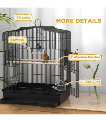 PawHut 59cm Large Bird Cage with Stand, Perches, Food Bowls, Swing, Black