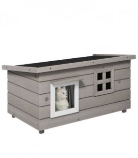 Pawhut Wooden Cat House Outdoor with Openable Top, Asphalt Roof, Window Grey