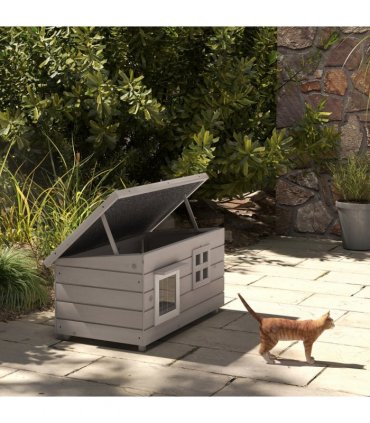 Pawhut Wooden Cat House Outdoor with Openable Top, Asphalt Roof, Window Grey