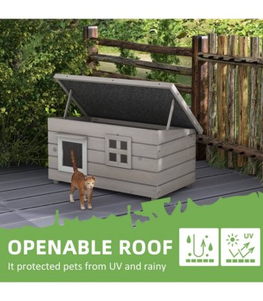 Pawhut Wooden Cat House Outdoor with Openable Top, Asphalt Roof, Window Grey