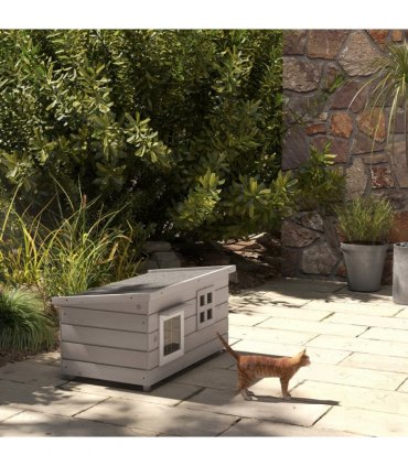 Pawhut Wooden Cat House Outdoor with Openable Top, Asphalt Roof, Window Grey