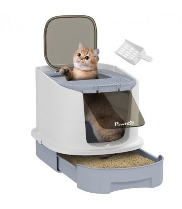 PawHut Cat Litter Box, Hooded Cat Litter Tray with Lid, Scoop, Grey