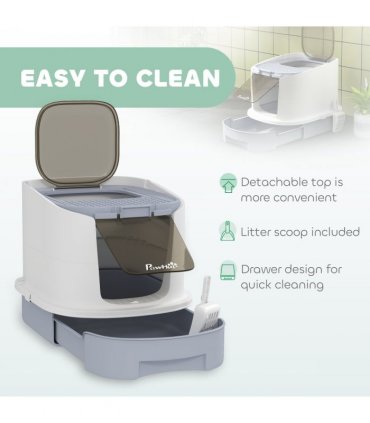 PawHut Cat Litter Box, Hooded Cat Litter Tray with Lid, Scoop, Grey