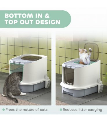 PawHut Cat Litter Box, Hooded Cat Litter Tray with Lid, Scoop, Grey