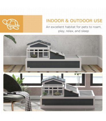 PawHut Wooden Tortoise House Indoor Outdoor w/ Balcony, Tray, Openable Roof