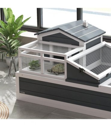 PawHut Wooden Tortoise House Indoor Outdoor w/ Balcony, Tray, Openable Roof