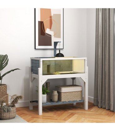 PawHut Wooden Tortoise House with Storage Shelf, Clear Observation Windows