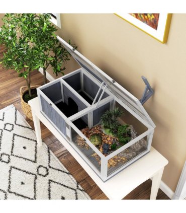 PawHut Wooden Tortoise House with Lamp Holder, Clear Observation Windows