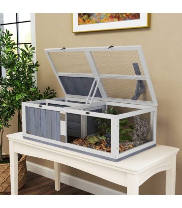 PawHut Wooden Tortoise House with Lamp Holder, Clear Observation Windows