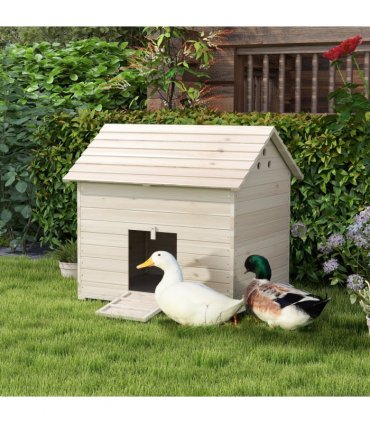 PawHut Wooden Duck House w/ Openable Roof, Raised Base, Air Holes - Natural
