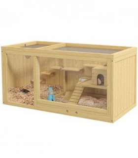 PawHut Wooden Hamster Cage with Water Bottle, Platforms, Openable Roof