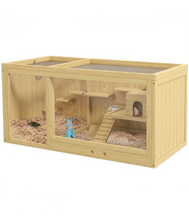 PawHut Wooden Hamster Cage with Water Bottle, Platforms, Openable Roof