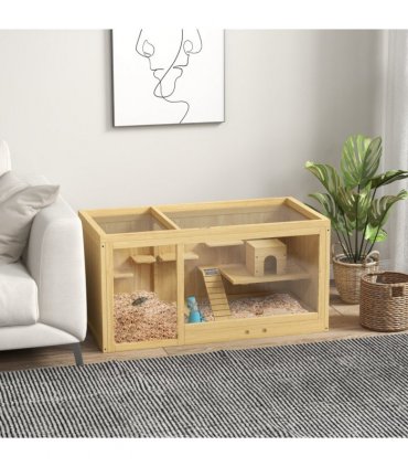 PawHut Wooden Hamster Cage with Water Bottle, Platforms, Openable Roof