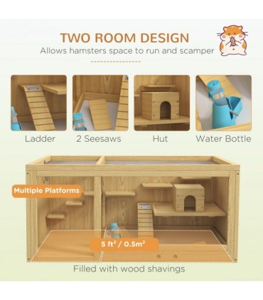 PawHut Wooden Hamster Cage with Water Bottle, Platforms, Openable Roof