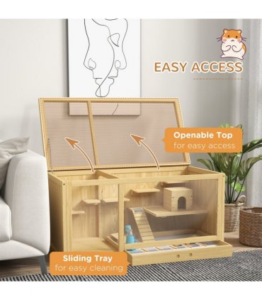 PawHut Wooden Hamster Cage with Water Bottle, Platforms, Openable Roof