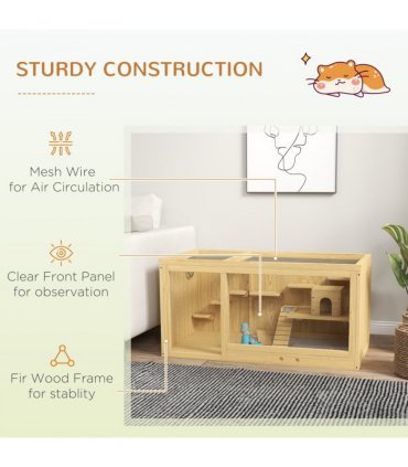 PawHut Wooden Hamster Cage with Water Bottle, Platforms, Openable Roof