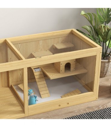 PawHut Wooden Hamster Cage with Water Bottle, Platforms, Openable Roof