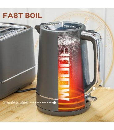 HOMCOM 1.7L 3000W Fast Boil Electric Kettle and 2 Slice Toaster Set, Grey